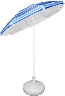 Blauw gestreepte gekleurde tuin/strand parasol 200 cm met wit voet van 42 cm