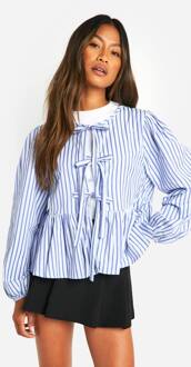 Blauw Gestreepte Smock Top Met Strik Aan De Voorkant En Poflange Mouwen, Blue - 36