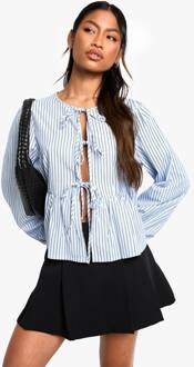 Blauw Gestreepte Top Met Strik Aan De Voorkant En Pofmouwen Lange Mouwen Smock Top, Blue - 40