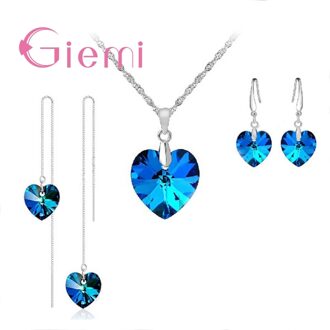 Blauw Hart Sieraden Set Hanger Ketting 2 Paar Oorbellen Voor Vrouwen Originele Silver Wedding Party Collana Pendientes Pin
