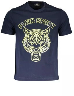 Blauw Katoenen T-Shirt, Korte Mouw, Ronde Hals, Print, Logo Plein Sport , Blue , Heren - Xl,L,M