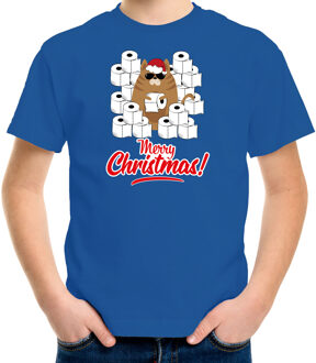 Blauw Kerst shirt/ Kerstkleding hamsterende kat Merry Christmas voor kinderen XS (104-110) - kerst t-shirts kind