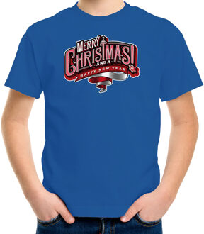 Blauw Kerst shirt / Kerstkleding Merry Christmas voor kinderen XS (104-110) - kerst t-shirts kind