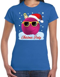Blauw kerstshirt / kerstkleding Christmas party met roze coole kerstbal voor dames S - kerst t-shirts