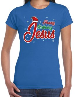 Blauw kerstshirt / kerstkleding Happy birthday Jesus voor dames L - kerst t-shirts