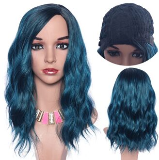 Blauw Korte Golvend Pruik 14Inch Blauw Pruiken Natuurlijke Haar Pruiken Upgrade Synthetisch Haar Cosplay Pruik Voor Vrouwen Hittebestendige fiber mengen blauw