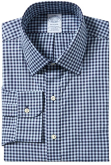 Blauw Navy Gingham Regular Fit Non-Iron Overhemd met Ainsley Kraag Brooks Brothers , Blue , Heren - 2Xl,Xl,L,M