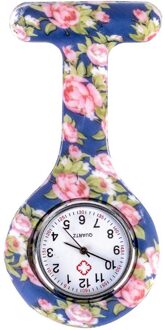 Blauw roze Pioen patroon Siliconen Verpleegkundigen Broche Tunic Fob Zakhorloge Roestvrij Wijzerplaat