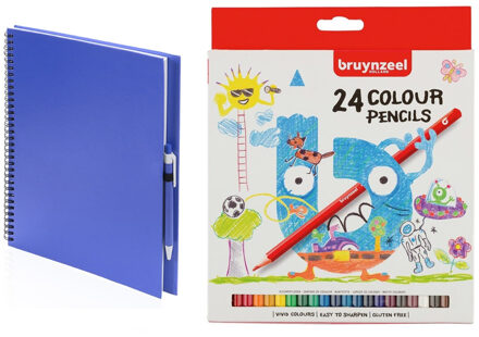 Blauw schetsboek/tekenboek met 24 kleurpotloden - Tekenen/kleuren