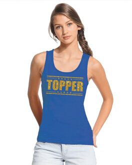 Blauw Topper mouwloos shirt/ tanktop in gouden glitter letters dames - Toppers dresscode kleding S