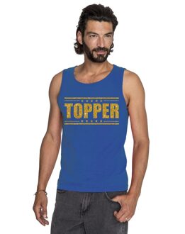 Blauw Topper mouwloos shirt/ tanktop in gouden glitter letters heren - Toppers dresscode kleding L