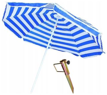 Blauw/wit gestreepte strand/camping parasol - Dia 165cm - met grondpen