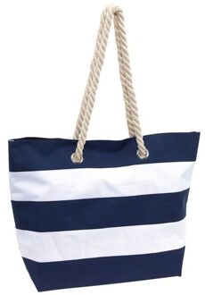 Blauw/witte polyester strandtas gestreept met klittenband 47 cm - Strandtassen