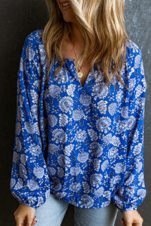 Blauwe Bloemen Notched V-hals Lange Mouwen Blouse Middelblauw