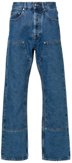 Blauwe Denim Jeans met Contraststiksels en Patchdetail Palm Angels , Blue , Heren - W32,W29,W33,W31,W30
