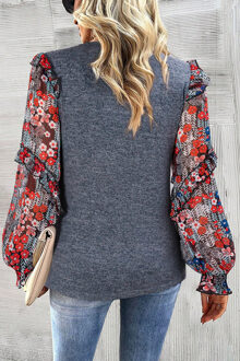 Blauwe Gerimpelde Tiered Bloemenmouwen Crew Neck Blouse Grijs