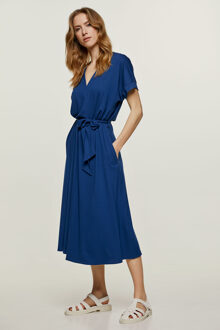 Blauwe jersey midi-jurk met riem - XL