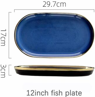 Blauwe Keramische Servies Set Platen Voor Voedsel Luxe Golden Rim Porselein Diner Plaat Gerechten Salade Noedels Kom Voor Restaurant 12duim vis plate