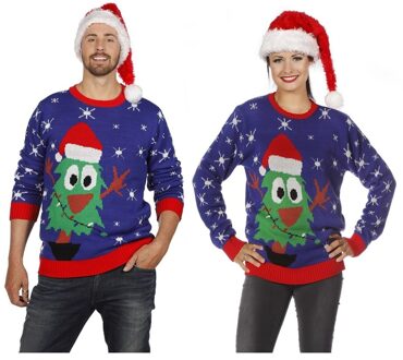 Blauwe kerst sweater met kerstboom voor volwassenen 48 (S) - kerst truien