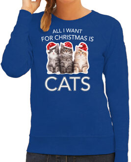 Blauwe Kersttrui / Kerstkleding All I want for christmas is cats voor dames XS - kerst truien