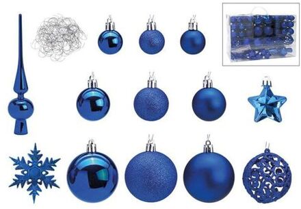 Blauwe kunststof kerstballen 3/4/6 cm en kerstversiering set 111-delig - Kerstbal