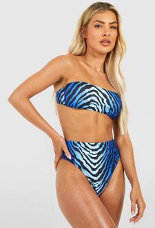 Blauwe Zebraprint Bandeau High Waist Bikini Set, Blue - 34