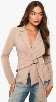 Blazer Met Hardware-Afwerking En Geplooide Voorkant, Beige - 36