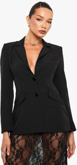 Blazer Met Schoudervulling En Open Rug, Black - 38