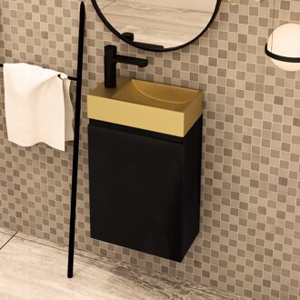 Blessed toiletmeubel zwart mangohout links met fontein mat goud links