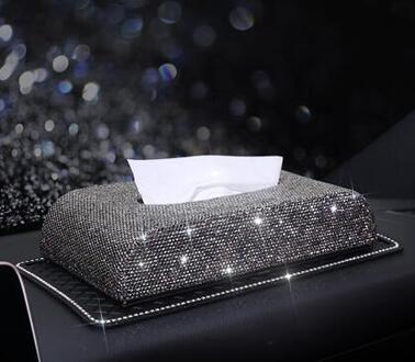 Bling Crystal Auto Tissue Box Zonneklep Diamant Lederen Auto Tissue Papier Houder Case Zonneklep Opknoping Servet Auto Accessoires Grijs