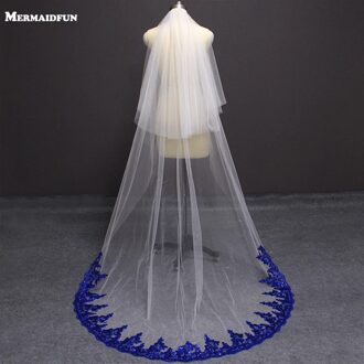 Bling Pailletten Royal Blue Lace Wit Ivoor Tulle Wedding Veil 2 Layer met Blusher Cover Gezicht Bruidssluier kam