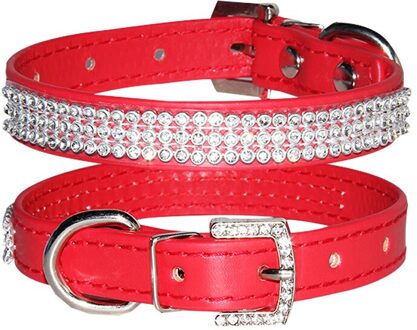 Bling Rhinestone Kat Kraag PU Lederen Kraag Rood Roze Halsbanden voor katten Kleine Honden Chihuahua Yorkie Maat S M Rood / M