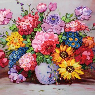 Bloeiende bloemen zijde lint borduren 3D satijn telpatroon canvas schilderij handwerken handwerk DIY thuis muur decora met circle