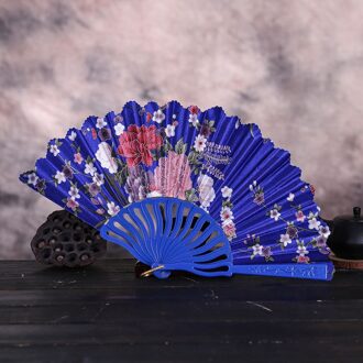 Bloem Fans @ Vintage Kant Chinese Stijl Dance Wedding Hand Fans Party Dress Accessoires Vouwen Zomer Held Bloemen Fan Abanico diep blauw