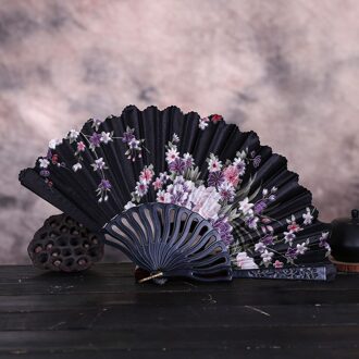 Bloem Fans @ Vintage Kant Chinese Stijl Dance Wedding Hand Fans Party Dress Accessoires Vouwen Zomer Held Bloemen Fan Abanico zwart