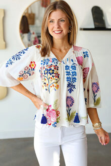 Bloem geborduurde tassel top Wit