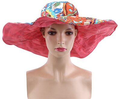 Bloem Opvouwbare Rand Zonnehoed Zomer Hoeden Voor Vrouwen Uv Bescherming rood