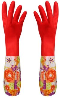 Bloem Rubber Fluwelen Lange Handschoenen Huishoudelijke Handschoenen Antislip Huishouden Schotel Wassen Schoonmaken Handschoenen Rood