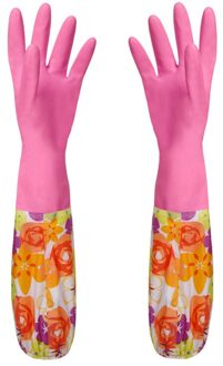 Bloem Rubber Fluwelen Lange Handschoenen Huishoudelijke Handschoenen Antislip Huishouden Schotel Wassen Schoonmaken Handschoenen roos rood