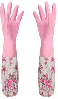 Bloem Rubber Fluwelen Lange Handschoenen Huishoudelijke Handschoenen Antislip Huishouden Schotel Wassen Schoonmaken Handschoenen Roze