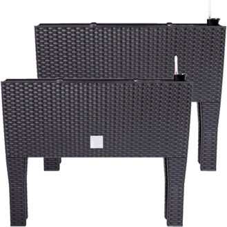 Bloembak/plantenbak op poten Rato - 2x stuks - met irrigatiesysteem - antraciet - 80 x 33 x 62 cm