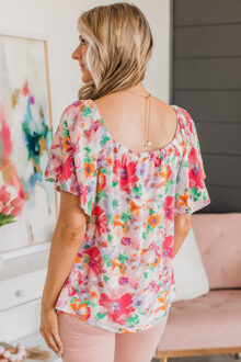 Bloemdruk Blouse met Flatterende Mouwen Wit