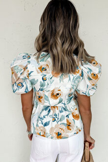 Bloemen Boerenblouse Met Pofmouwen Wit