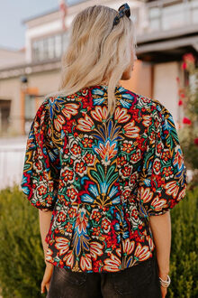 Bloemen Bohemian Top Met Sleufhals Zwart