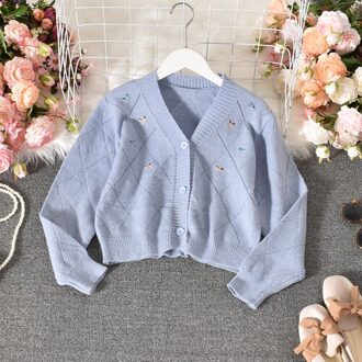 Bloemen Borduren Vrouwen Trui Jas Lange Mouwen V-hals Hollow-Out Truien Koreaanse Causale Korte Vest 4D245 licht blauw