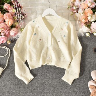 Bloemen Borduren Vrouwen Trui Jas Lange Mouwen V-hals Hollow-Out Truien Koreaanse Causale Korte Vest 4D245 wit