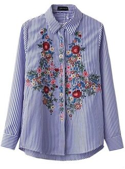 Bloemen Borduurwerk Katoenen Blouse GAORUI Mode Vrouwen Gestreepte Shirt Lange Mouw Blauw Lange Shirts Camisa bordada Blusa feminino
