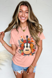 Bloemen Guitar Graphic T-shirt - maat M Koraal