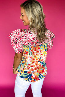 Bloemen Hoge Hals Rimpel Top Wit