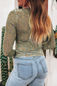 Bloemen Langarm T-shirt - maat XL Salie Groen